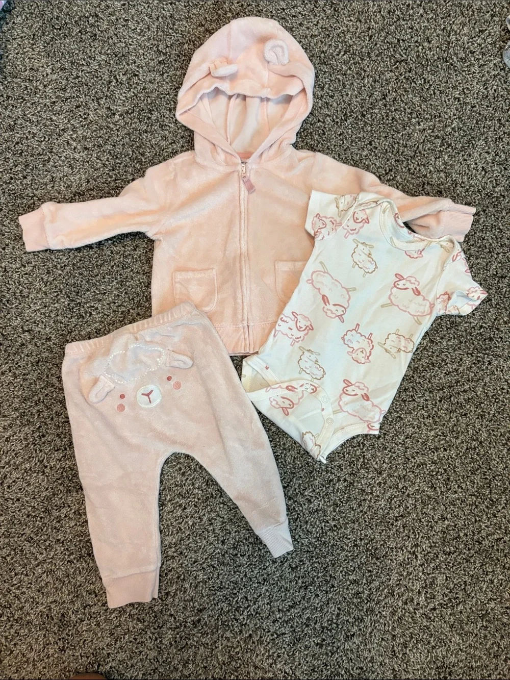 Carter's Pink Fleece Hoodie, Pants & Sheep Print Bodysuit Set
